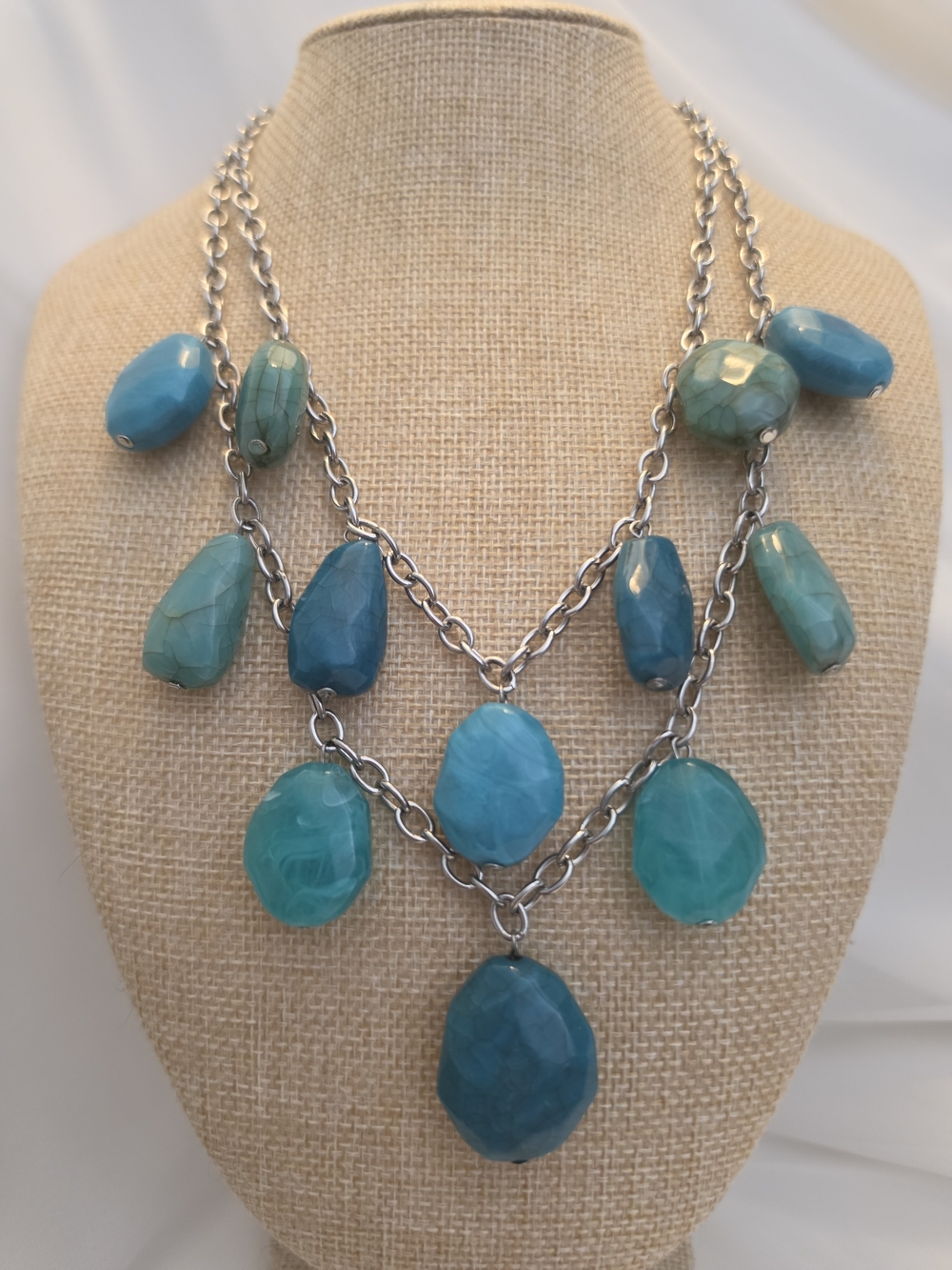 Layered Boho Bead Necklace Acrylic Resin Turquoise Look Chunky Statement Dangle